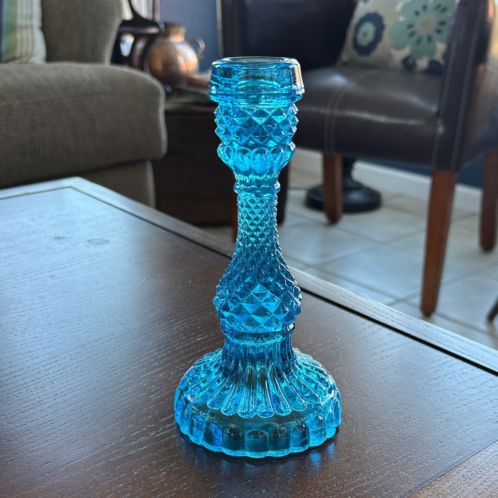 Blue Ice Diamond Point Hobnail Cut Crystal Glass Taper Candle Holder Vintage